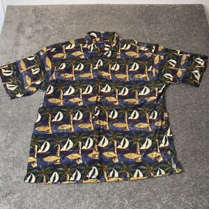Newport Blue‎ 2XLT Aloha Shirt Fish Sailboat Palm Tree Hawaiian Cotton Comfort